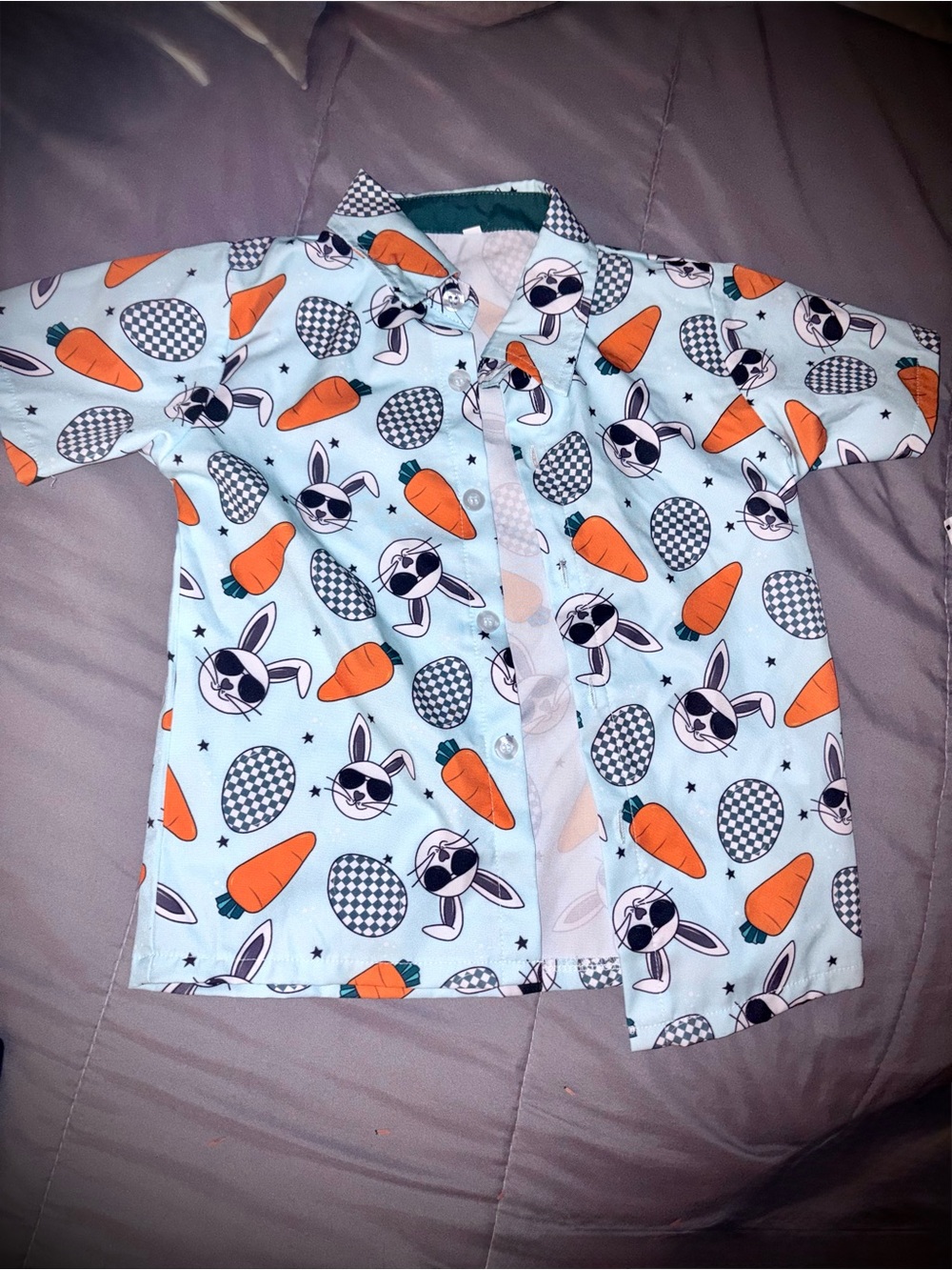 Kids Bunny & Carrot Print Button-Up Shirt - Light Blue